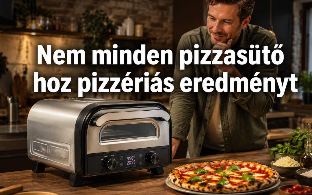 Férfi egy nagy otthoni pizzasütőt néz a konyhában, miközben frissen sült pizza van az asztalon